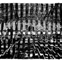 CHERCHENT L'HORIZON (feutre noir sur papiers découpés-collés, 61 x 30 cm)