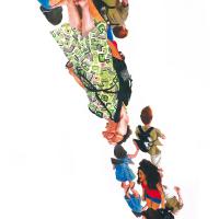 JOUENT AVEC LES ŒUVRES (aquarelle et crayons sur papier, 48 x 63 cm)