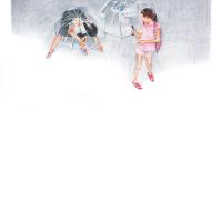 JOUENT AVEC LES ŒUVRES (aquarelle et crayons sur papier, 48 x 63 cm)