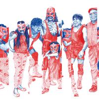 PORTENT DES CHAUSSURES ROUGES (crayons sur papiers découpés-collés, 82 x 55 cm)